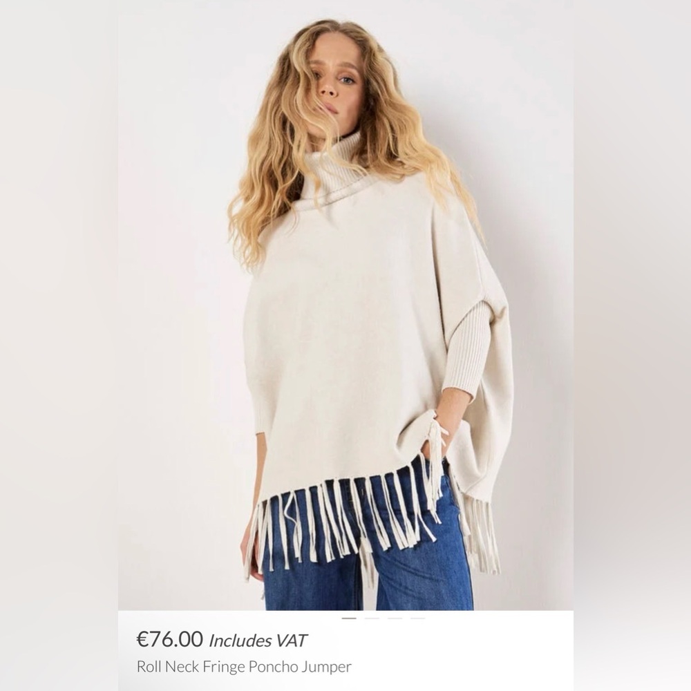 Apricot 🍑 - Women’s Cream Turtleneck Fringe Poncho Sweater - Picture 3 of 6